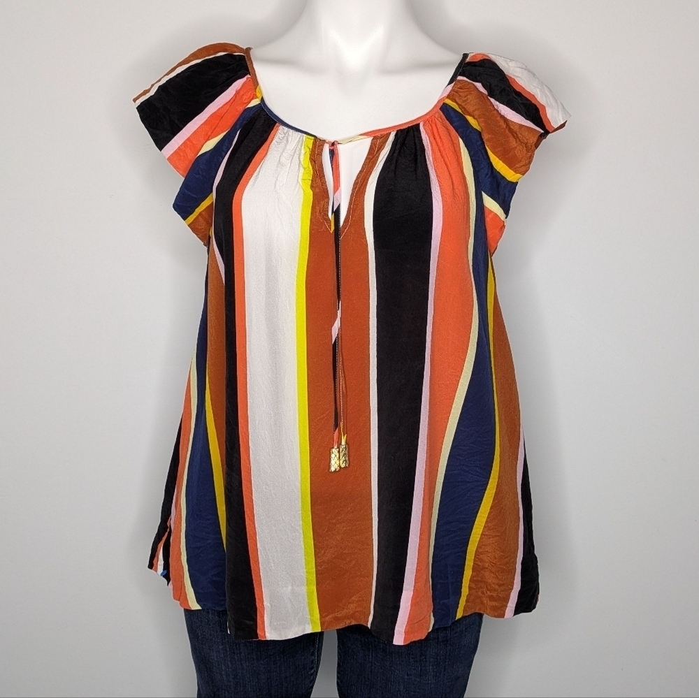 Marie Oliver Brown Orange Striped Ruffle Cap Sleeve Silk Tie Neck Blouse S